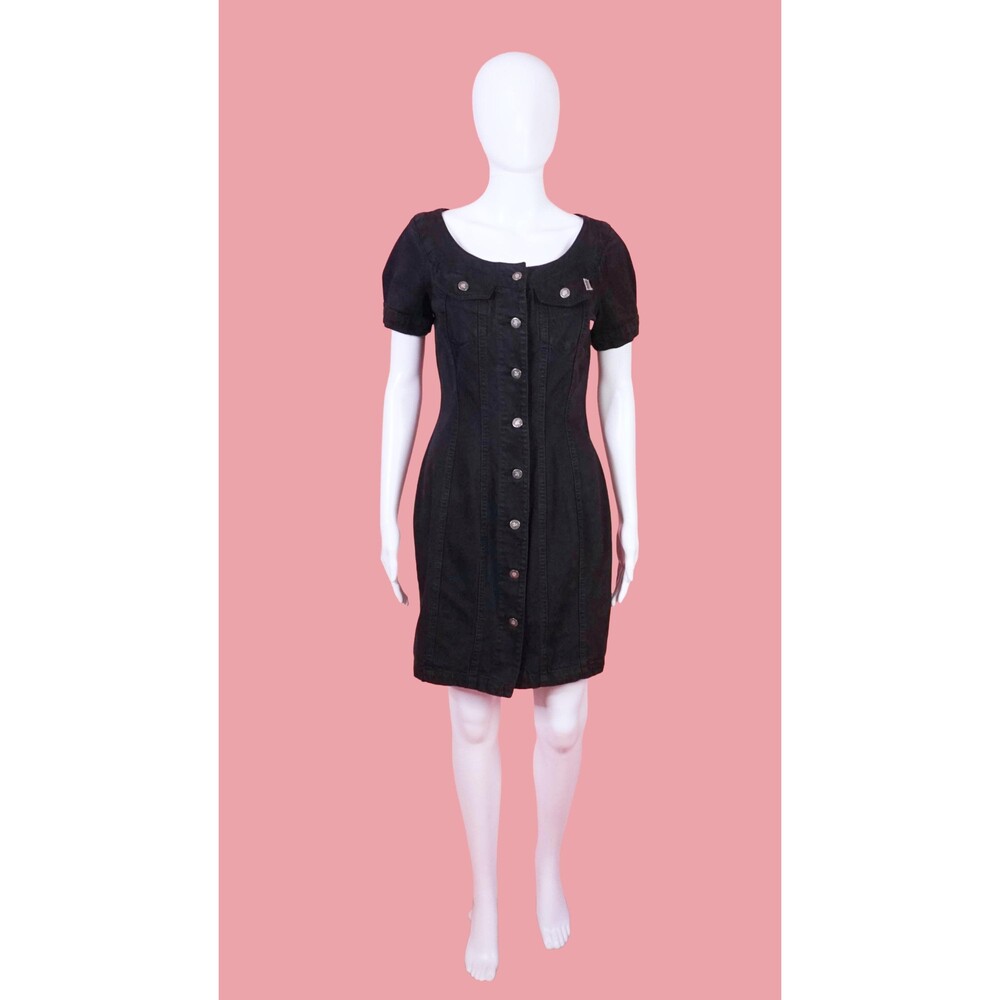 1990s-Y2K GUESS JEANS Black DENIM Short Sleeve Button Up Dress W/Pockets. SM